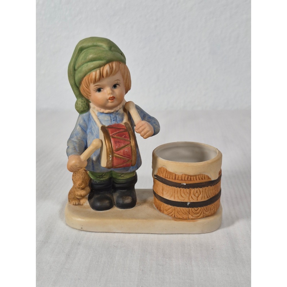 Vtg Ceramic Boy with Drum and Rabbit Figurine Votive Candle Holder Barrel